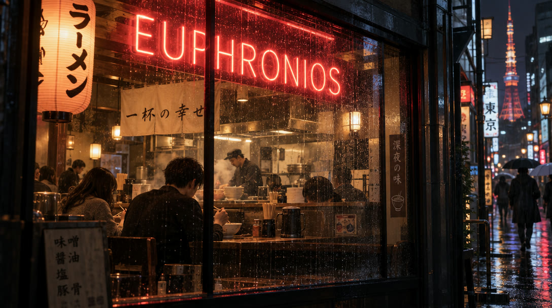 A ramen shop on a rainy Tokyo night, its neon sign reading EUPHRONIOS